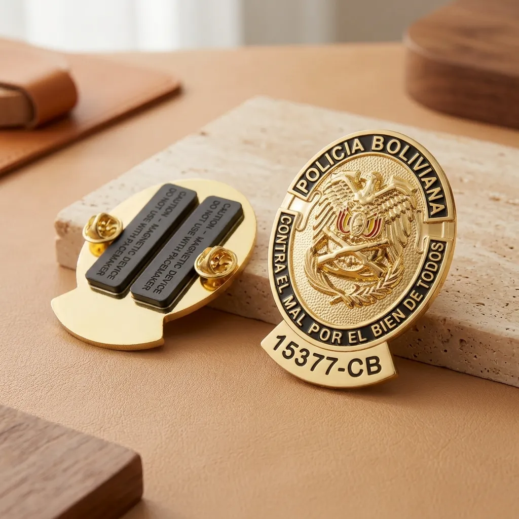 PLACA POLICIAL CON DOS IMANES DE 46MM Y DOS CLIPS
